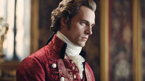Um homem aristocrático do século 18, vestindo um rico colete de damasco vermelho.