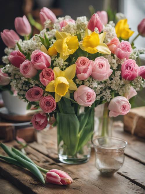 A springtime floral arrangement with roses, daffodils, and tulips on a wooden table.