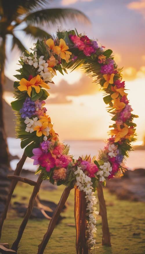 An array of traditional Hawaiian flowers arranged in a circular lei, tinged by the sunset.