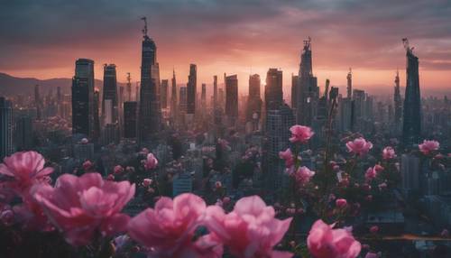Surrealistyczna panorama miasta o zmierzchu, majestatyczne drapacze chmur zbudowane z żywych kompozycji kwiatowych.