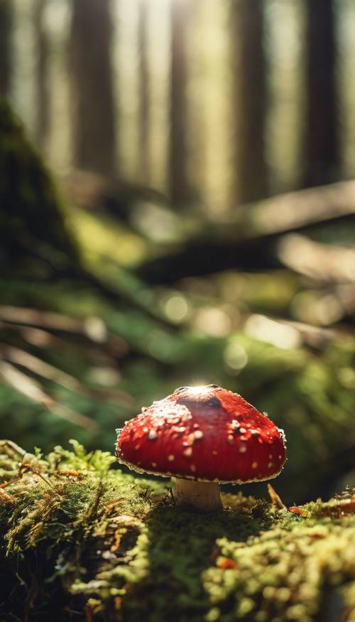 在陽光斑駁的茂密森林中，一株紅色蘑菇從長滿青苔的原木中生長出來。
