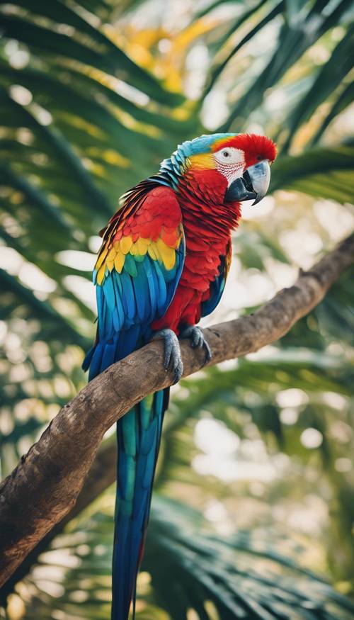 A young majestic parrot, with vibrant red, blue, and yellow feathers perched on a tropical palm tree branch.