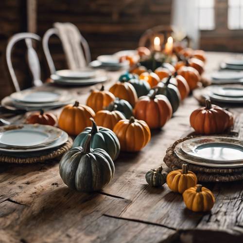 Beautifully arranged mini pumpkins of various colors forming a runner down a barnwood dining table set with antique chinaware. Tapeta [1ffd1e58d35c4a318d43]