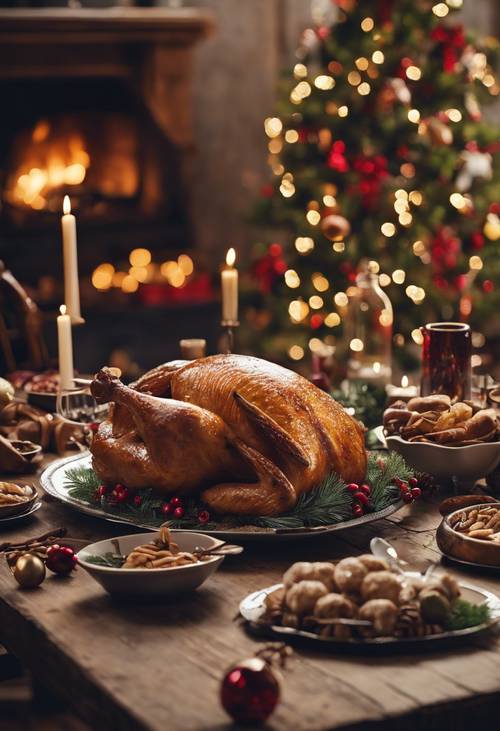 반짝이는 칠면조, 전통적인 측면, 소박한 나무 테이블 위의 축제 장식이 중심을 이루는 반짝이는 크리스마스 축제입니다.