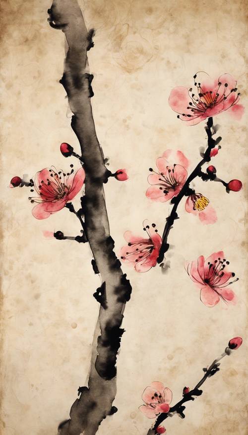 A traditional Chinese painting featuring ink-drawn plum blossoms on an old parchment.