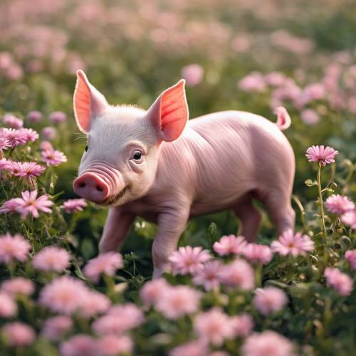 Một chú heo con màu hồng đáng yêu đang chơi đùa trên cánh đồng hoa”.