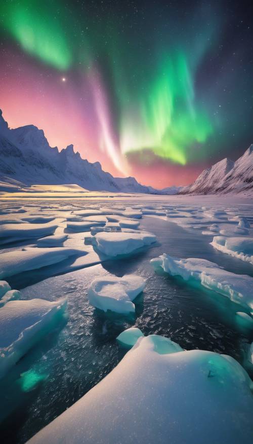 Uma vista espetacular do céu repleta de auroras brilhantes em forma de coração sobre as regiões polares. Papel de parede [0ae7254e185b4a41969d]