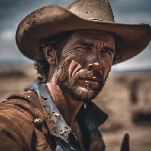 一幅戲劇性的肖像畫，一個牛仔拿著一把生鏽的鐵鍬，臉上髒兮兮的，滿頭大汗。