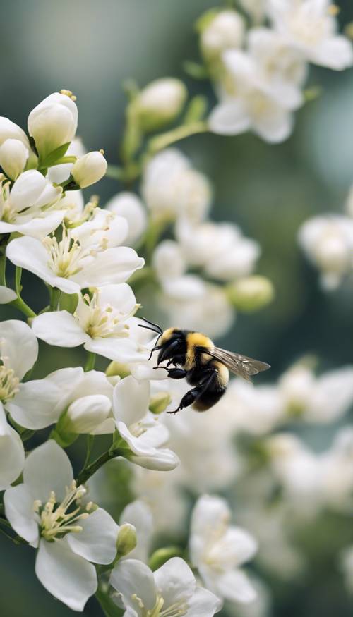 Eine einsame Hummel sammelt Nektar von makellos weißen Jasminblüten und repräsentiert einen minimalistischen Frühlingstag. Hintergrund [606a000b8a164527b475]