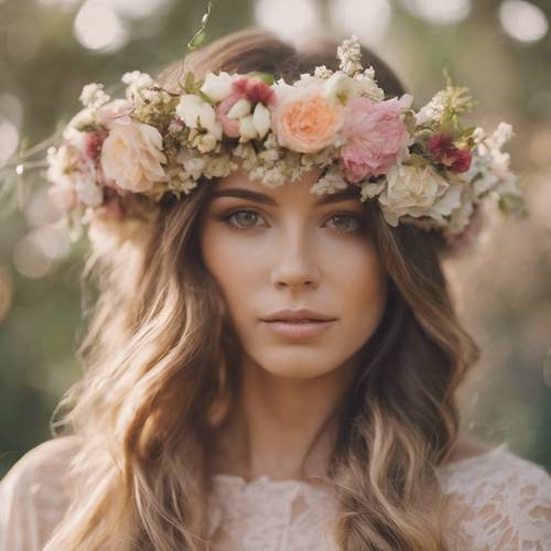 An enchanting boho floral crown with mixed flowers in blush and cream tones.