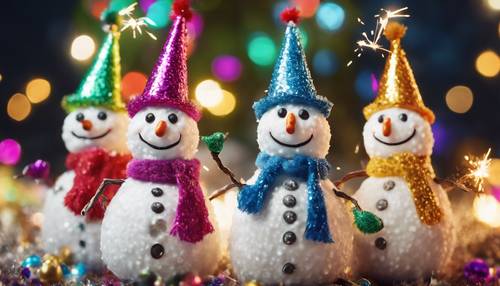 Four cheerful snowmen with colourful party hats and sparklers, cheering in the New Year.