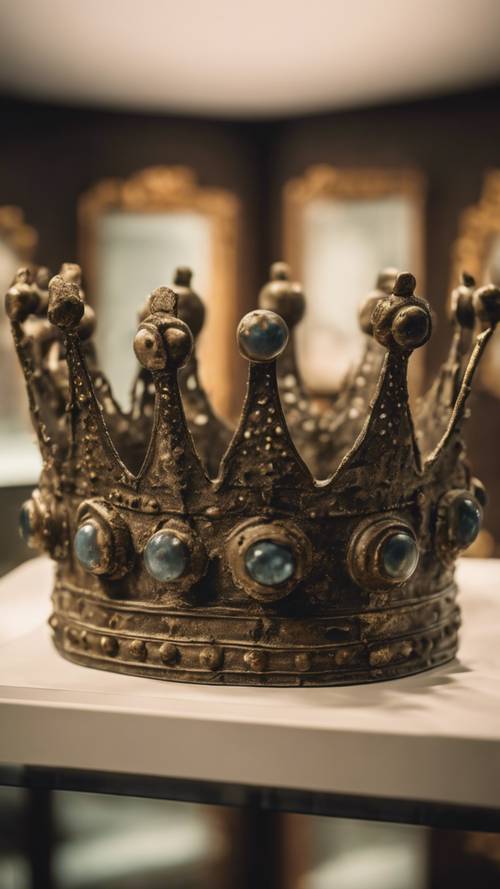 An ancient bronze crown, aged by time, displayed in a museum cabinet.