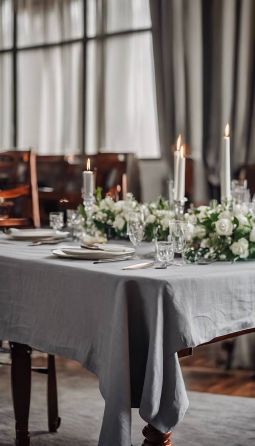 Một chiếc khăn trải bàn bằng vải lanh màu xám trang nhã phủ trên bàn ăn bằng gỗ gụ sang trọng, dành cho một bữa tối thân mật.
