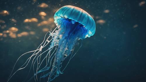 A neon blue jellyfish gracefully floating in the dark ocean depths.