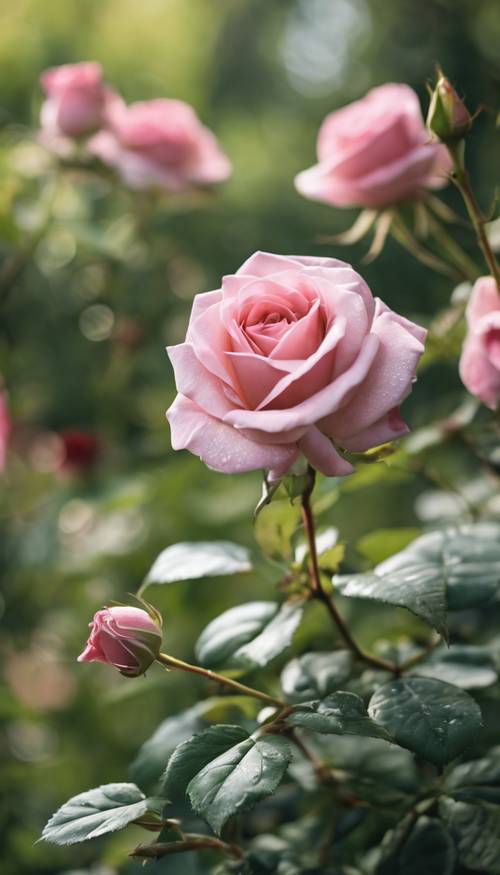 白天，綠色花園裡有一朵粉紅色的玫瑰。