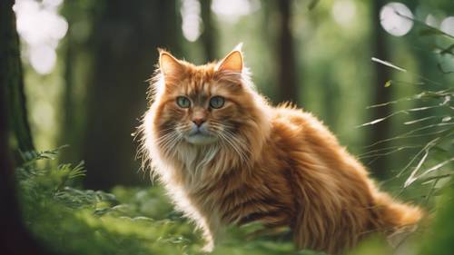 A fluffy cat with bright orange fur wandering in a dense green forest.