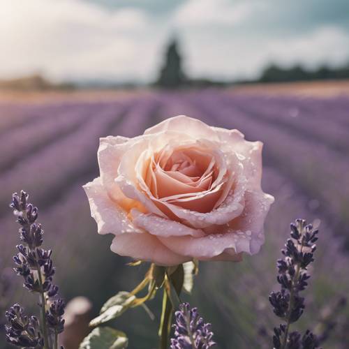 Eine einsame Vintage-Rose in voller Blüte, eingebettet in einen Lavendelstrauß.