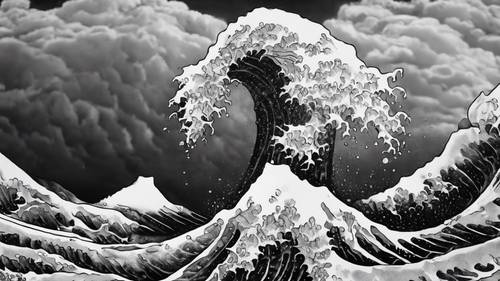 Une peinture dramatique en noir et blanc représentant une vague japonaise rugissante.
