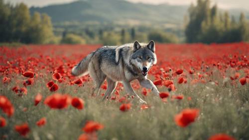 A grey wolf running over a field of blossoming red poppies.