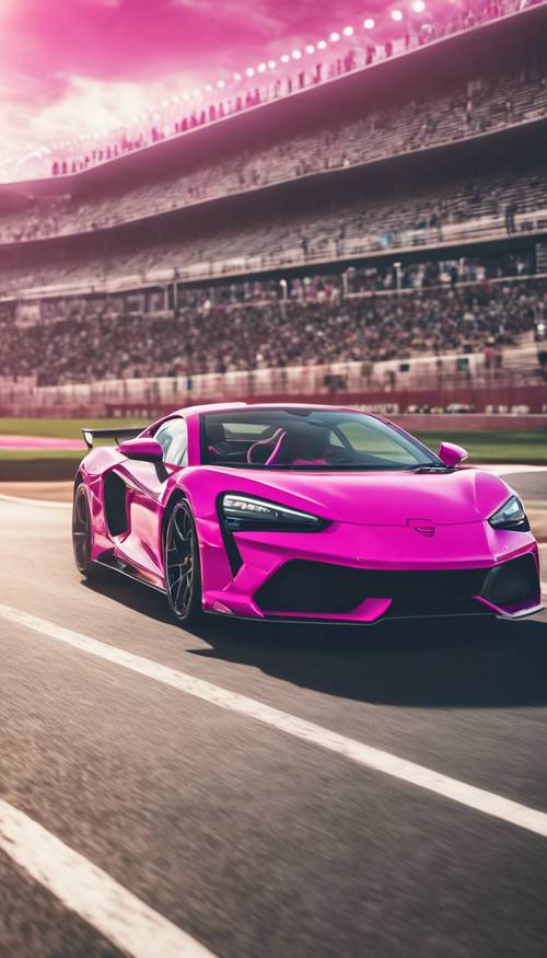 Race track with a hot pink sports car accelerating at full speed.