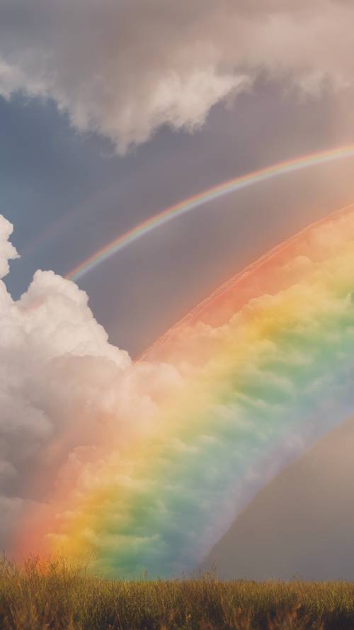 Ein Boho-Regenbogen, umgeben von flauschigen Wolken und der untergehenden Sonne.