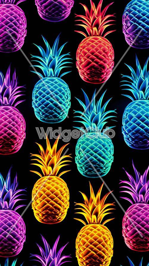 Colorful Neon Pineapples on Dark Background