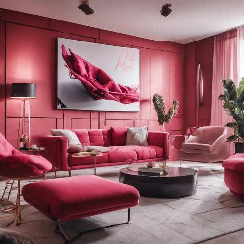 Ruang tamu modern dengan furnitur merah ramping dan karya seni merah muda di dinding.