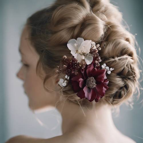 Un délicat accessoire cheveux fleuri bordeaux pour un mariage digne d&#39;un conte de fée