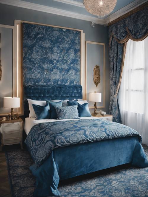Vista de um quarto convidativo adornado com roupa de cama azul adamascada.