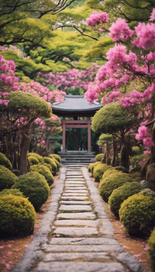 A Japanese shrine pathway lined with blooming azalea bushes.