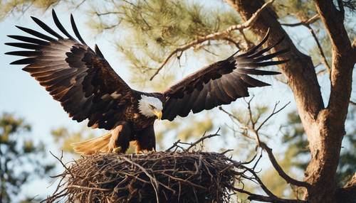 一只鹰从高高的树顶上的巢穴起飞。