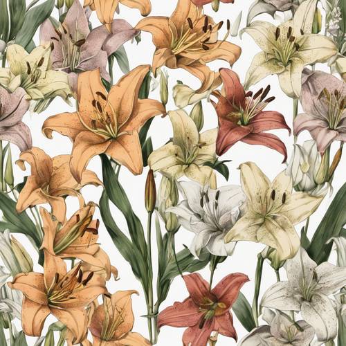 A hand-drawn vintage botanical illustration of several varieties of lilies.