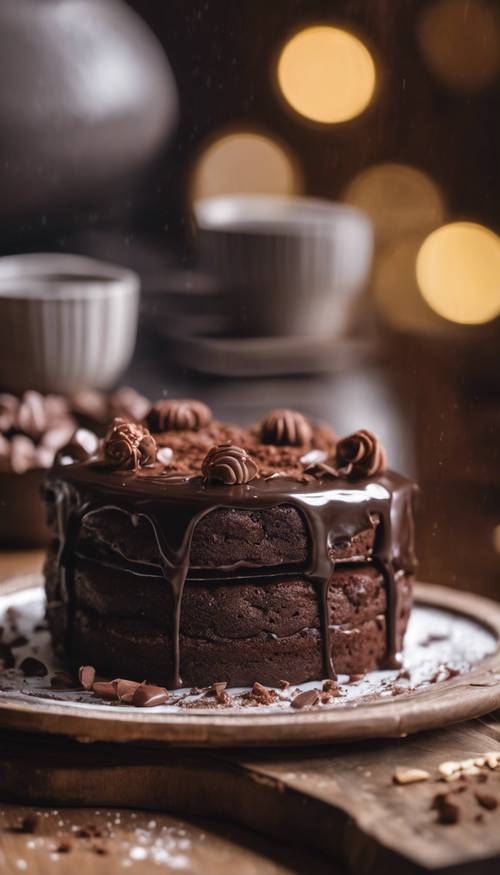 Primo piano di una torta al cioccolato vegana appena sfornata con una ganache lucida su un tavolo di legno