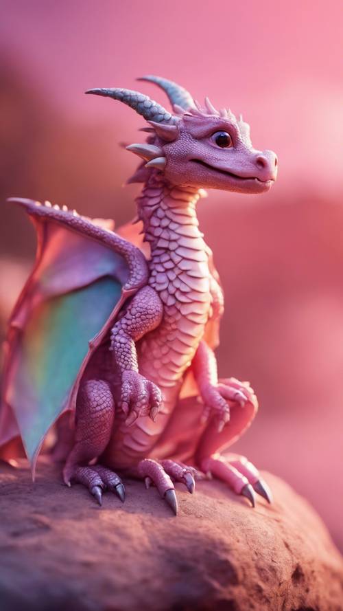 Um pequeno dragão com asas iridescentes sorrindo fofamente no céu rosado do amanhecer.