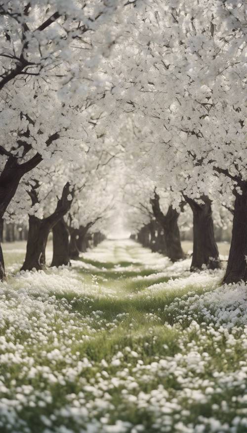 하얀 잎사귀밖에 없는 나무들이 가득한 꿈같은 들판. 벽지 [4e14b463106448b9828c]