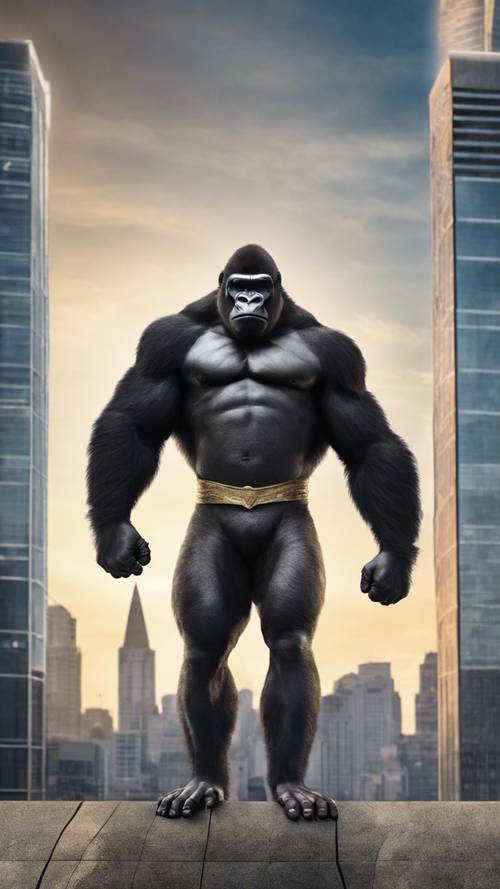 Um super-herói gorila, completo com capa e máscara, fazendo uma pose heróica no horizonte de uma cidade.