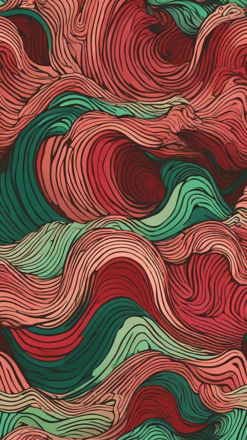 A seamless pattern of psychedelic waves in shades of red and green