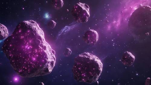 Um aglomerado de asteroides roxos flutuando silenciosamente nos confins do espaço sideral.