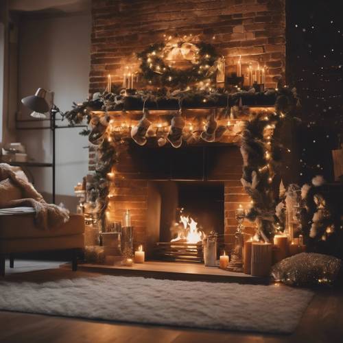 An aesthetic loft decorated for New Year, complete with a roaring fireplace and festive decor.