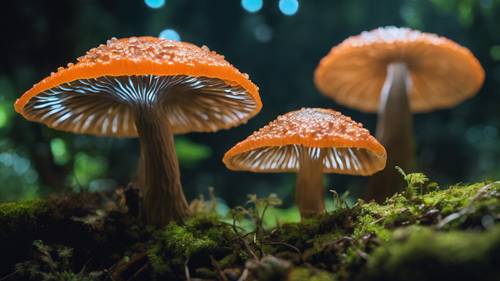 Un fungo che si illumina al buio illuminando una piccola sezione del suolo della foresta pluviale.