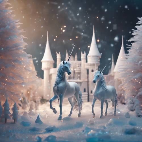 A magical New Year's scene, with playful unicorns prancing around a shimmering ice castle.