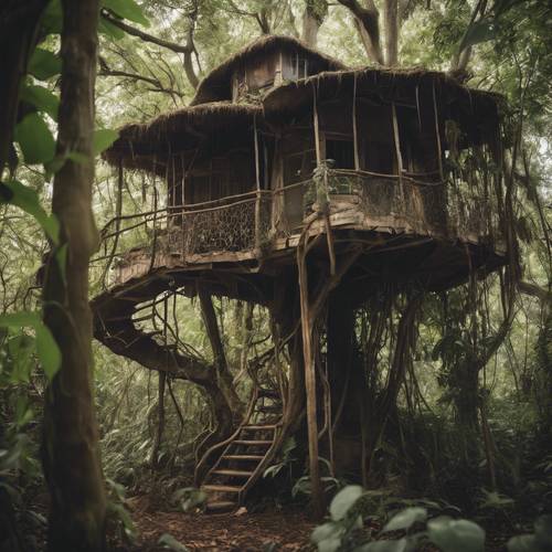 An old, forgotten treehouse hidden within the thickest part of a vintage jungle.