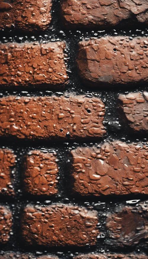 Szczegółowe zbliżenie ściany z ciemnych cegieł obmytych wodą deszczową.