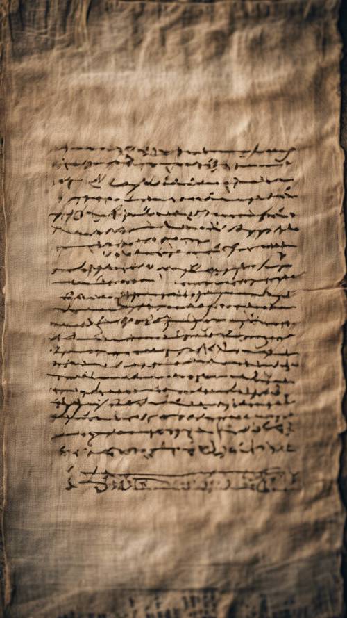 An ancient script on a weathered piece of linen parchment.