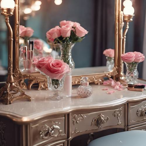 An antique vanity table complete with a mirror, make-up brushes, and an arrangement of beautiful roses in a crystal vase