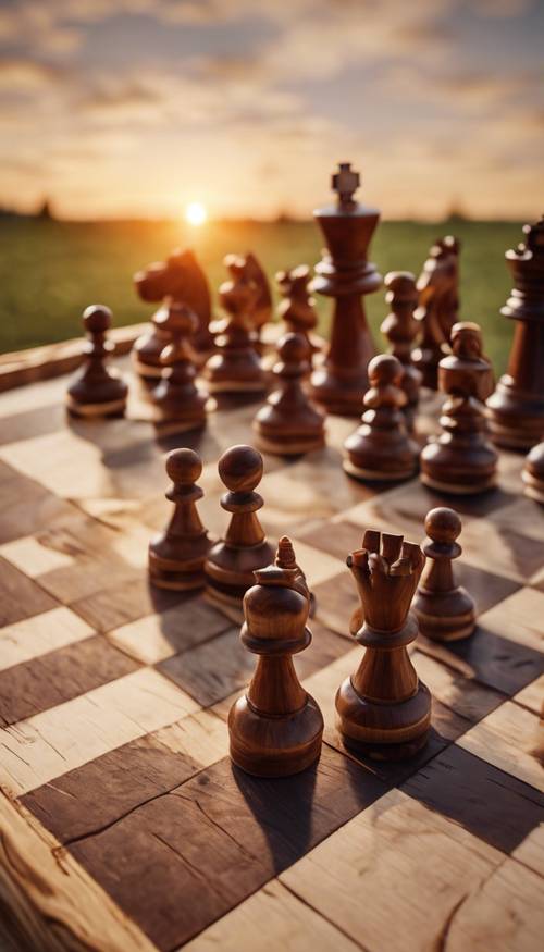 An overhead view of a chess board set up for a game, with the pieces made out of carved wood set against a sunset backdrop