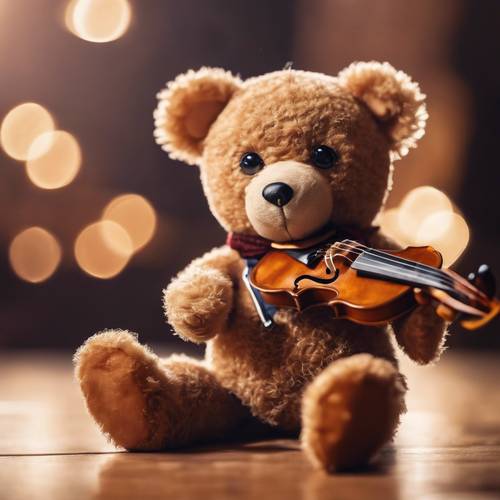 A teddy bear performing on stage with a tiny violin.