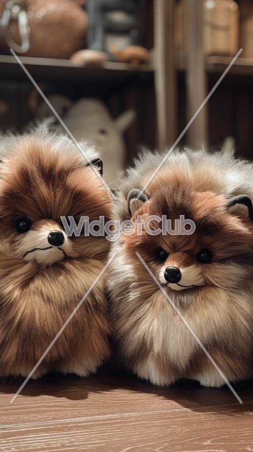 Cute Fluffy Dogs on Brown Background