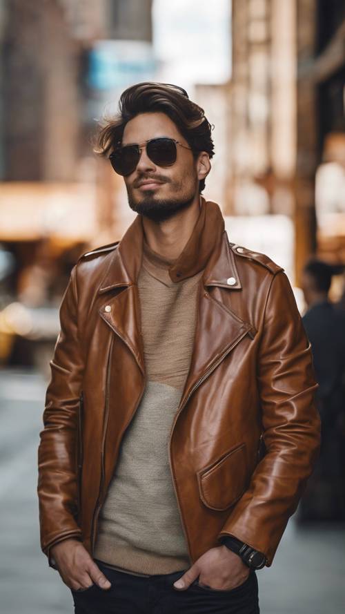 A trendy millennial in downtown, wearing a caramel brown leather jacket.