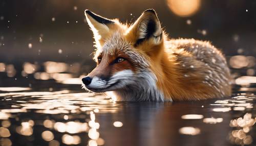 Un magnifique renard se baignant au clair de lune, sa fourrure argentée brillant.